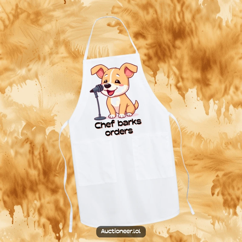 Funny Dog Barking Apron depicting a bouncy dog with a microphone, perfect for adding humor to cooking activities.