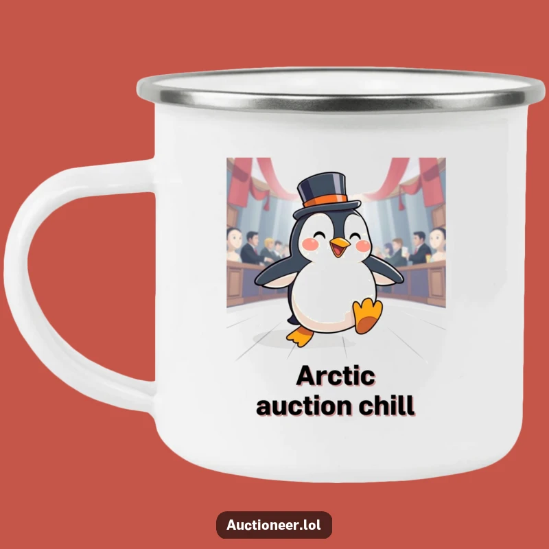 Funny Penguin Auction Camping Mug: Dapper Sips and Outdoor Auction Fun