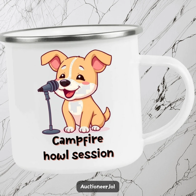 Funny Dog Barking Camping Mug with a bouncy dog and a microphone, perfect for outdoor enthusiasts who enjoy humorous drinkware.