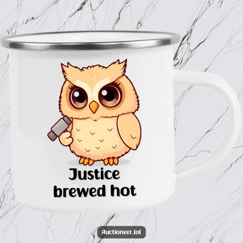 Funny Owl Judge Camping Mug featuring a fluffy owl with a gavel, perfect for outdoor enthusiasts who enjoy humor.