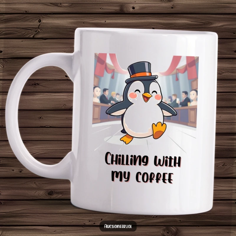 Funny Penguin Auction Mug featuring a happy penguin in a top hat sliding across an auction floor, embodying smooth collecting.
