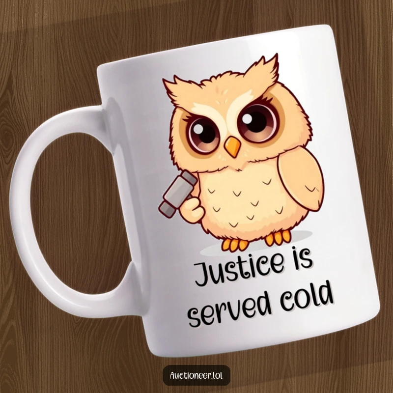 Funny Owl Judge Mug featuring a fluffy owl with big eyes holding a small gavel, symbolizing legal humor and a funny personality.