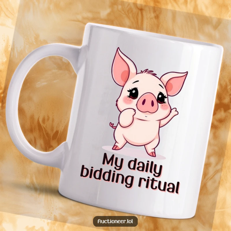 Funny Piggy Auction Mug featuring a determined piglet pointing at a high bid, capturing the excitement of a spirited auction.