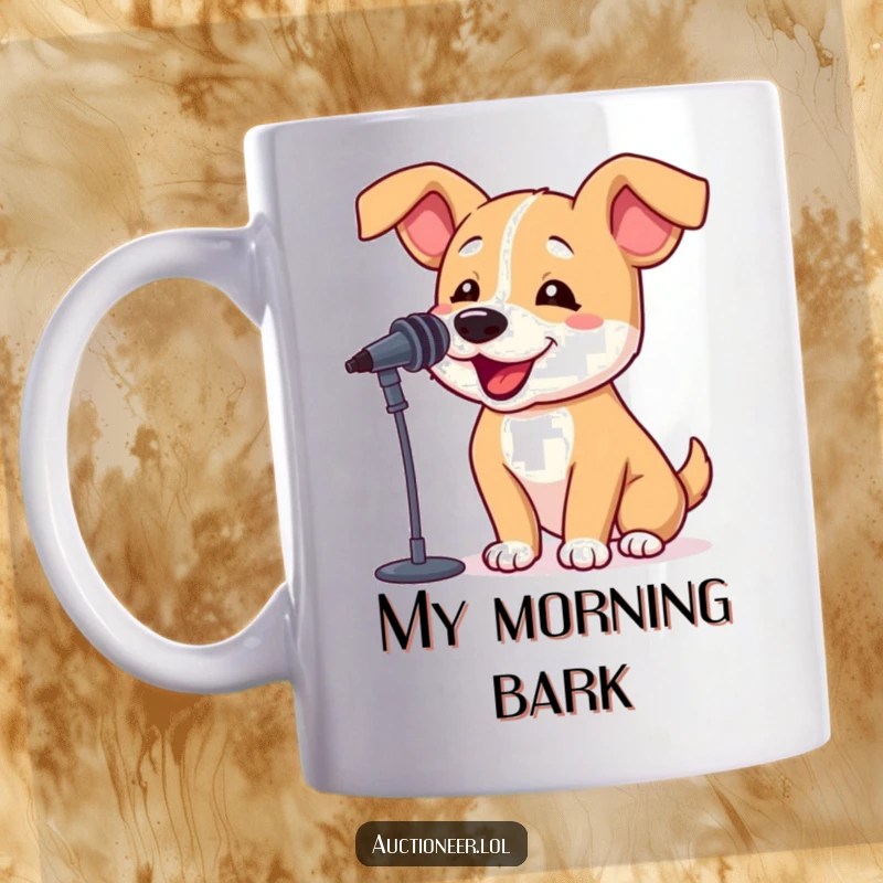 Funny Barking Dog Mug featuring a bouncy dog with floppy ears excitedly barking into a miniature microphone, conveying pet humor.