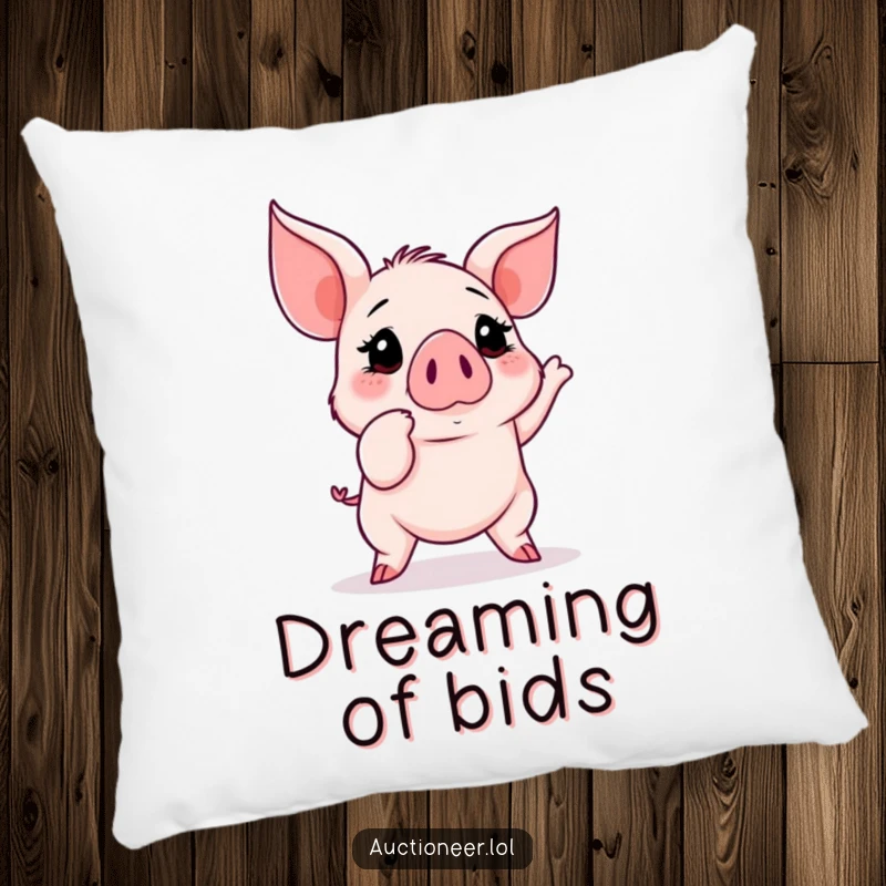 Funny Piglet Auction Pillow: A determined piglet's snout points at a dramatically increasing auction bid, embodying collector's zeal.