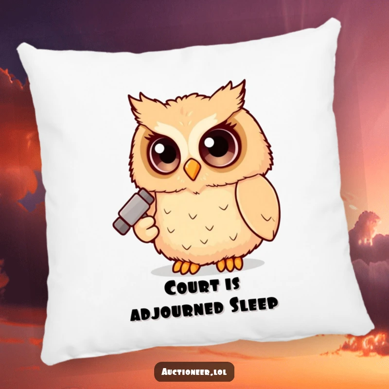 Funny Owl Judge Pillow with a fluffy owl character holding a tiny gavel, perfect for humorous and comfortable home decor.