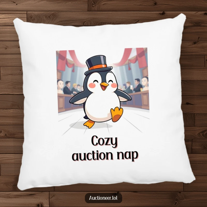 Funny Penguin Auction Pillow: A happy penguin with a top hat slides across an auction floor, bringing stylish comfort.