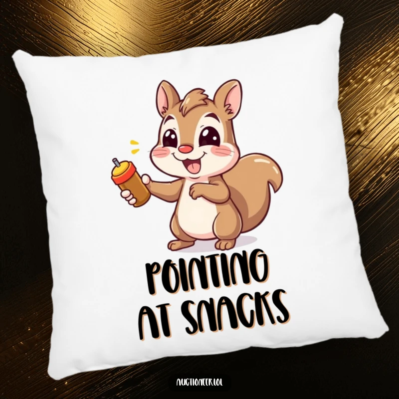 Funny Squirrel Pointing Pillow with a smiling squirrel pointing energetically, offering a humorous and cozy addition to any room.