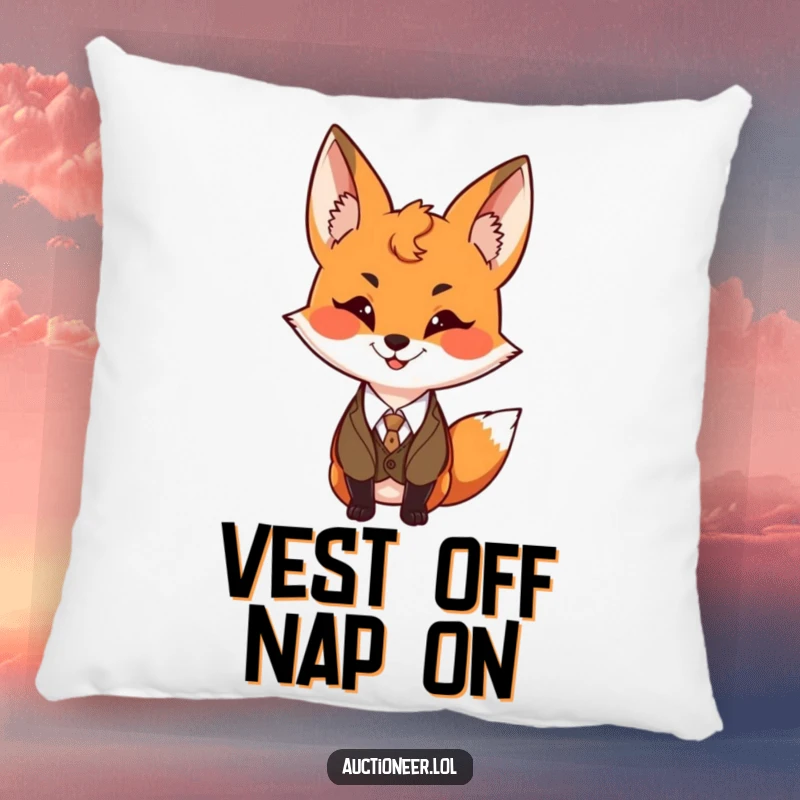 Funny Fox Vest Pillow with a mischievous fox wearing a vest, offering a humorous and cozy addition to any living space.