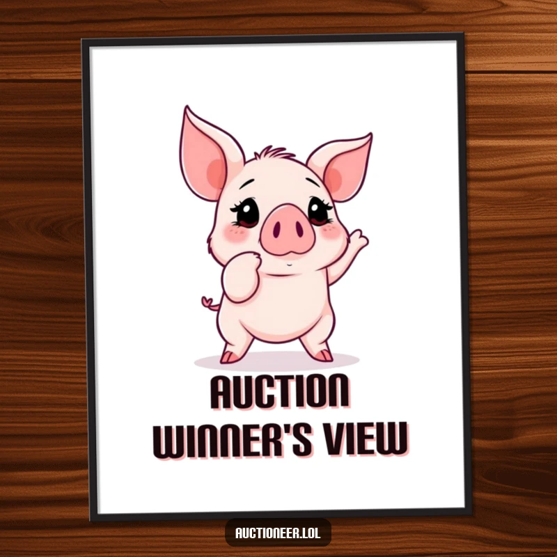 Funny Piglet Auction Digital Art: A determined piglet points with its snout at a rapidly rising auction bid number, capturing the thrill.