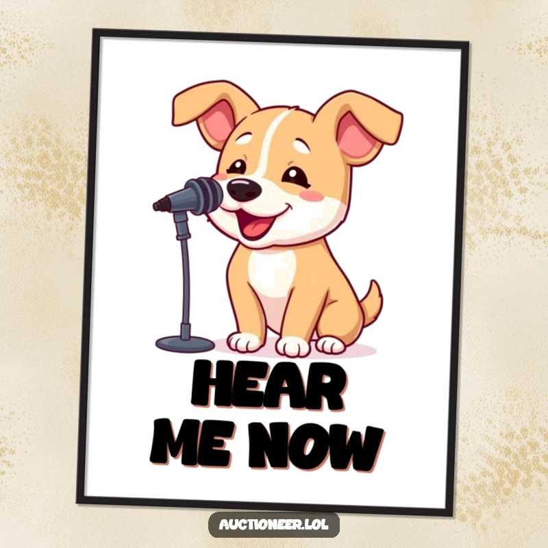 Funny Dog Barking Digital Art Print of a bouncy dog with a microphone, offering instant humorous and pet-themed wall decor.