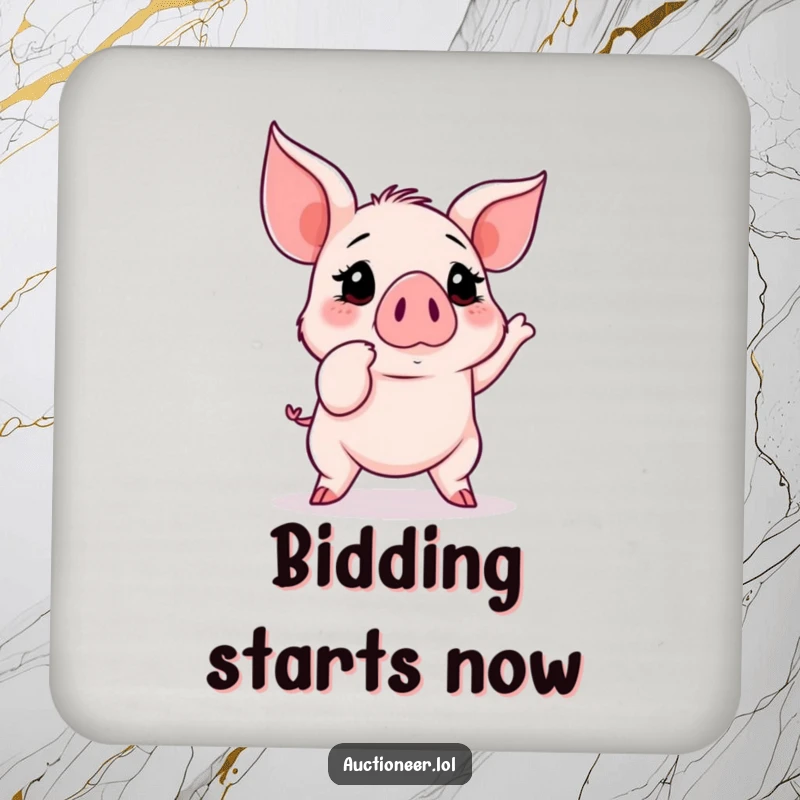 Funny Piglet Auction Coasters: A determined piglet points at a rapidly rising auction bid number, protecting surfaces with humor.
