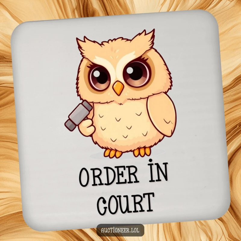 Funny Owl Judge Drink Coaster showing a fluffy owl with a tiny gavel, perfect for protecting surfaces with humor.