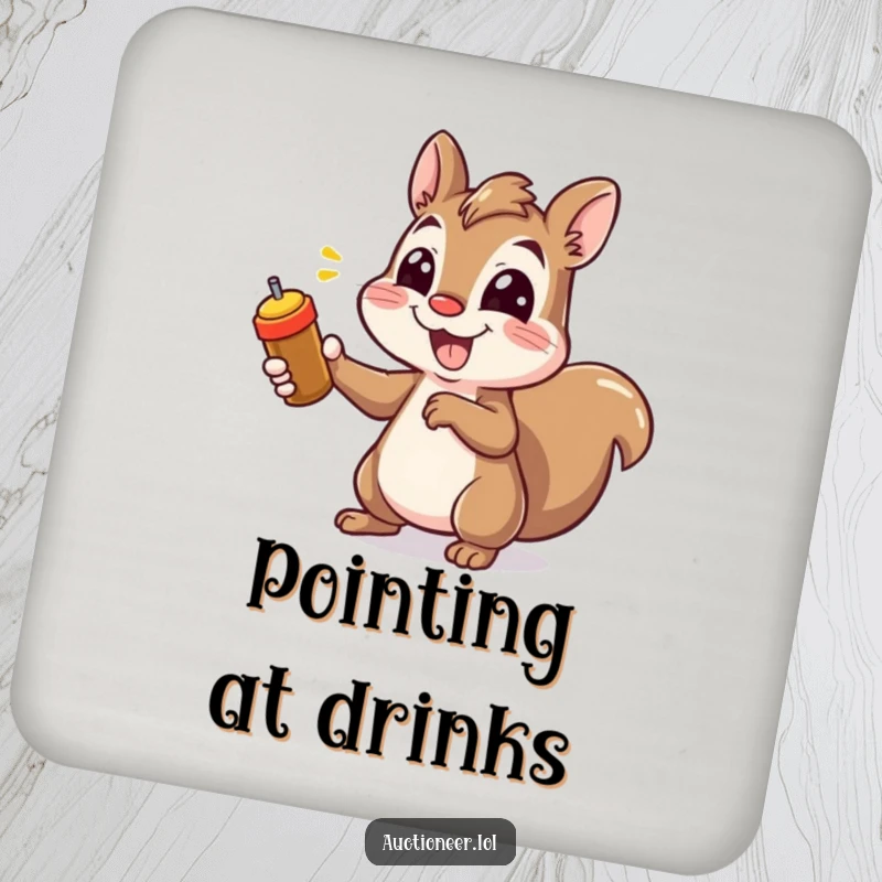 Funny Squirrel Pointing Drink Coaster featuring a cheerful squirrel pointing, perfect for adding humor and surface protection.