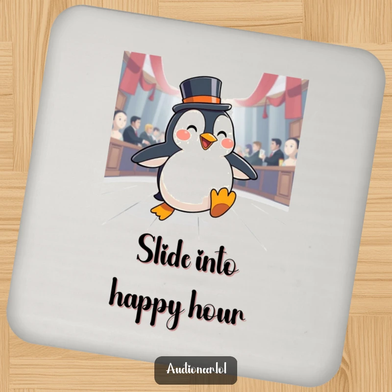 Funny Penguin Auction Coasters: A happy penguin in a top hat slides across an auction floor, protecting surfaces with style.