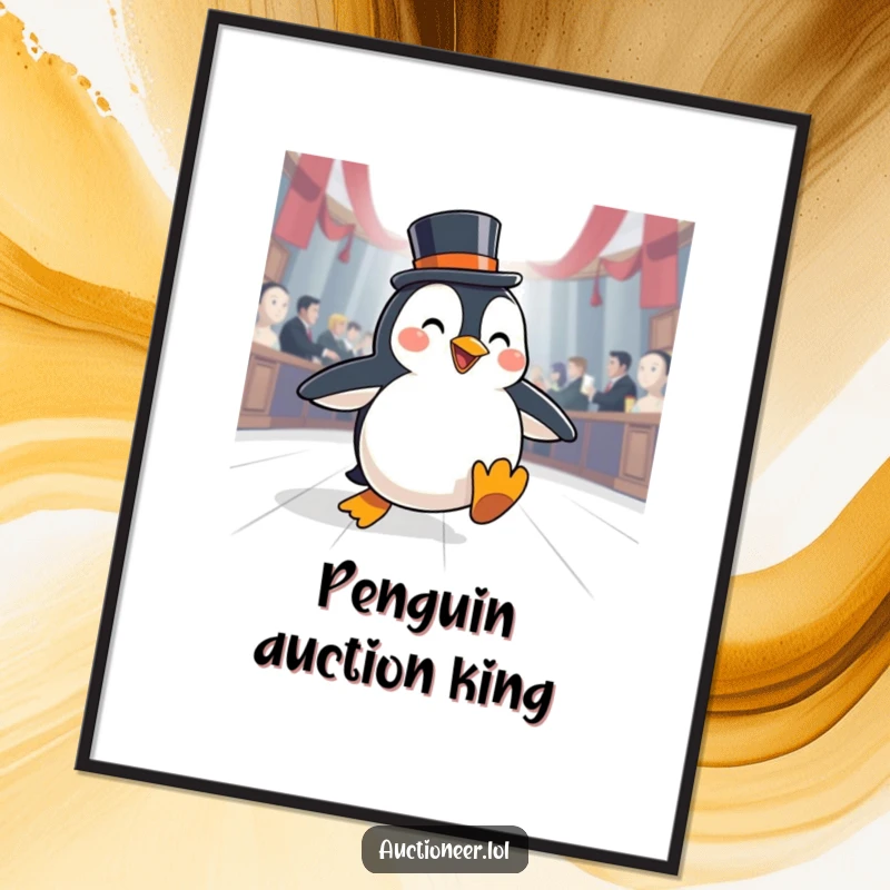 Funny Penguin Auction Poster: A happy penguin wearing a top hat slides smoothly across an auction floor, exuding elegance.