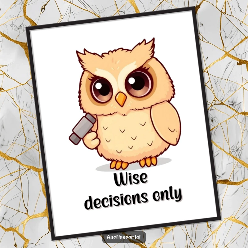 Funny Owl Judge Poster print featuring a fluffy owl with big eyes holding a small gavel, adding humor to any wall.