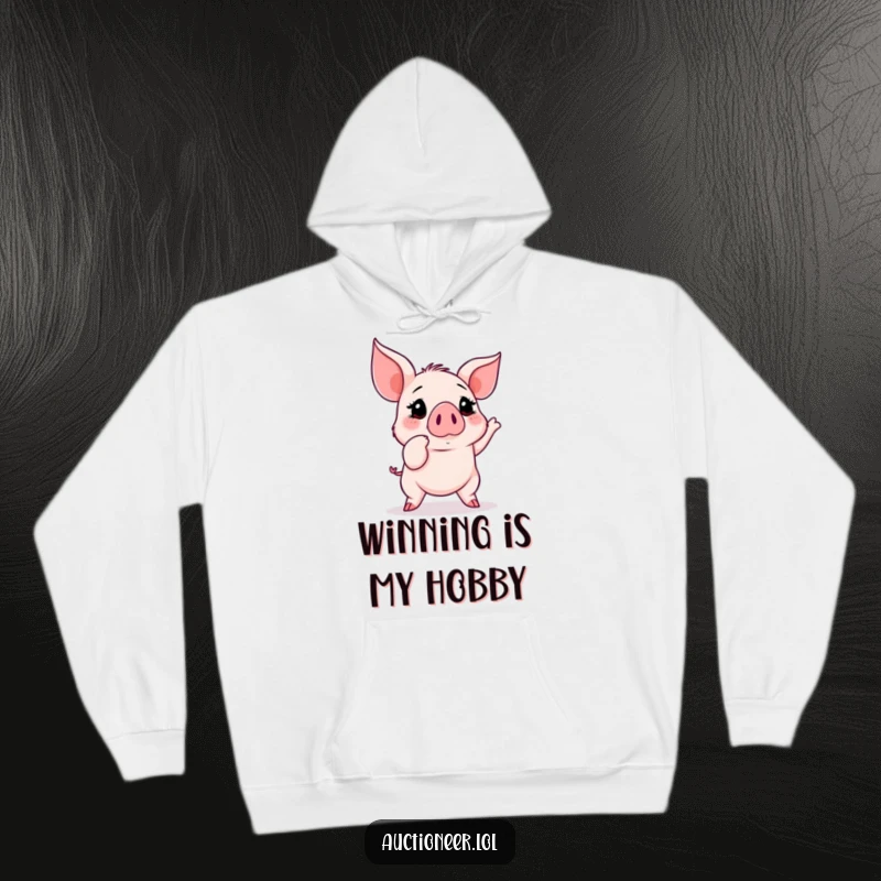Funny Piglet Auction Hoodie: A determined piglet with a focused snout eyes a rising auction bid number, radiating collector excitement.