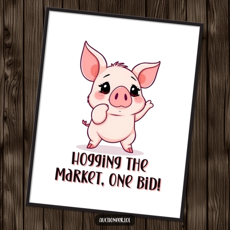 Funny Free Printable Wall Art: A playful piglet with a determined snout aggressively bids on a rising number, perfect for auction lovers.