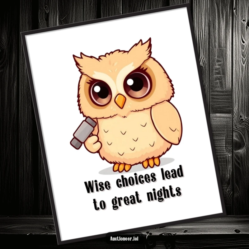Funny Free Printable Wall Art: A fluffy owl with oversized eyes holds a tiny gavel, ready to bring some legalistic humor to any room.