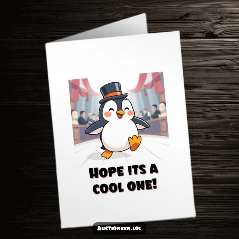 Funny Free Printable Birthday Card: A dapper penguin in a top hat slides with joy across an auction floor, celebrating a big win.