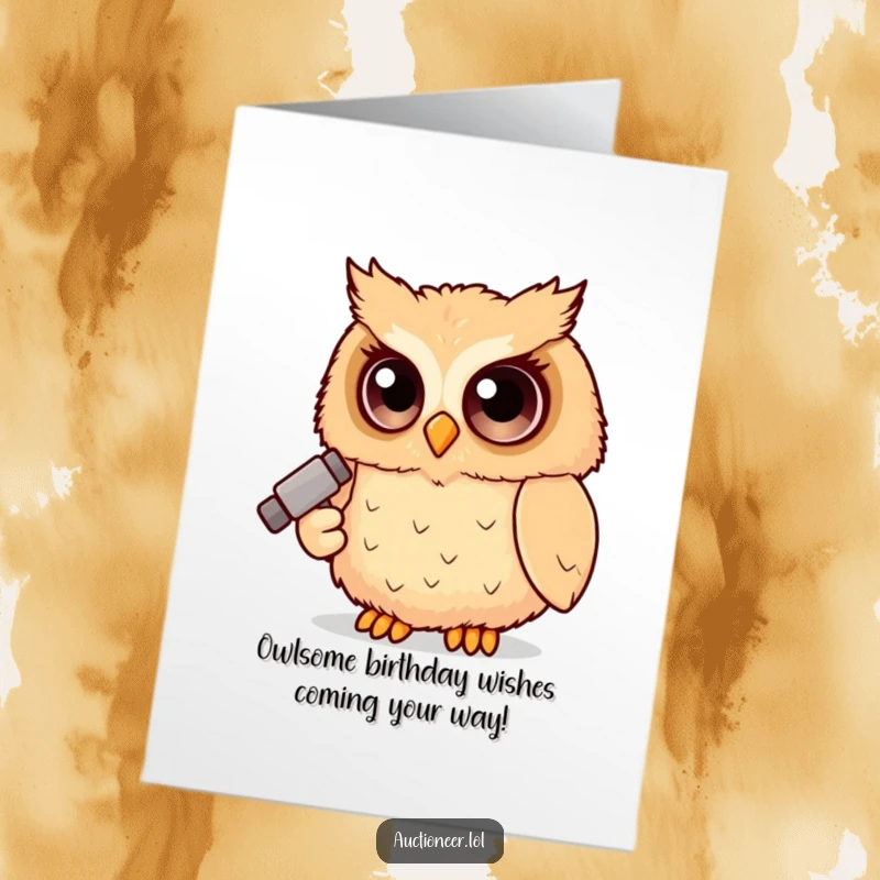 Funny Free Printable Owl Birthday Card: A fluffy owl with big eyes holds a gavel, ready to call order on the birthday fun.