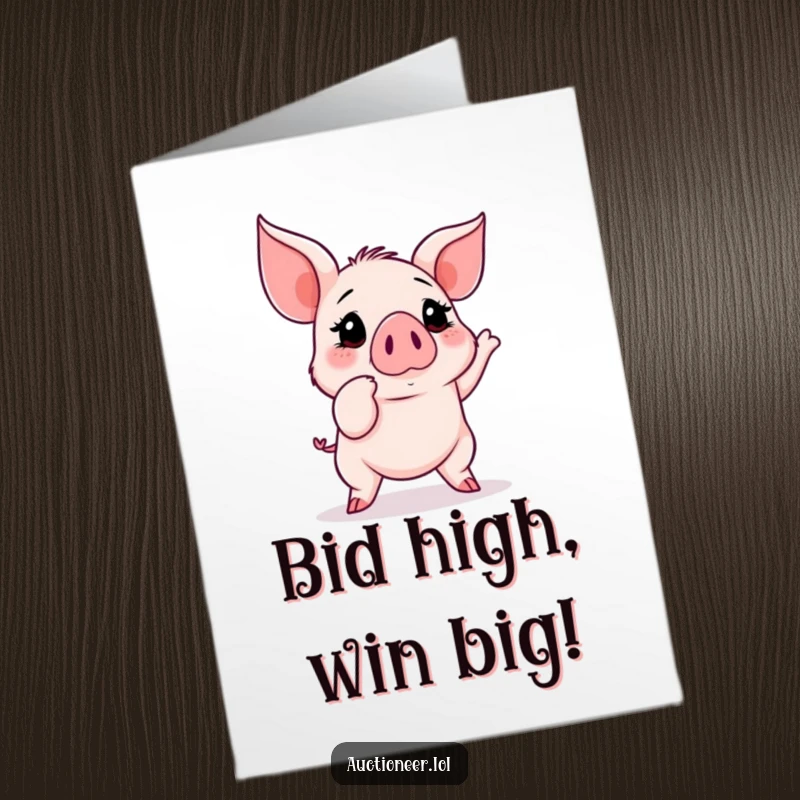 Funny Free Printable Congratulations Card: An excited piglet celebrates a winning auction bid with pure joy and determination.