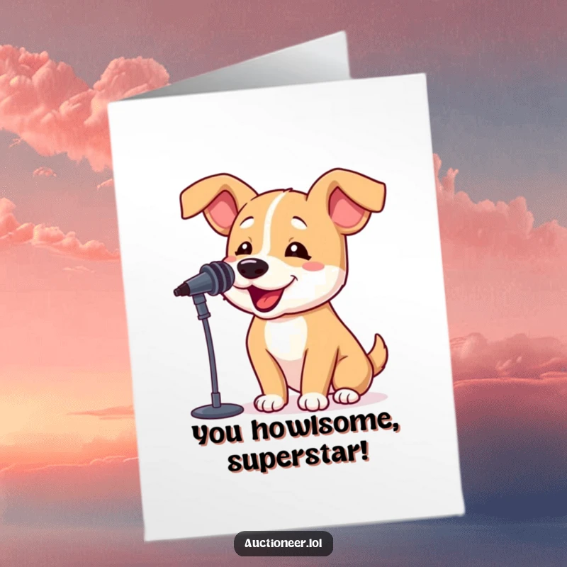 Funny Free Printable Congratulations Card: A bouncy dog with floppy ears belts into a microphone, celebrating your fantastic achievement with joyful barks.