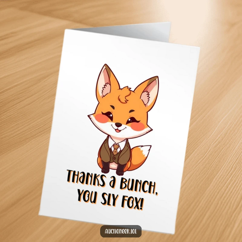 Funny Free Printable Thank You Card: A playful fox wearing a tiny vest with a mischievous grin offers thanks with undeniable foxy charm.