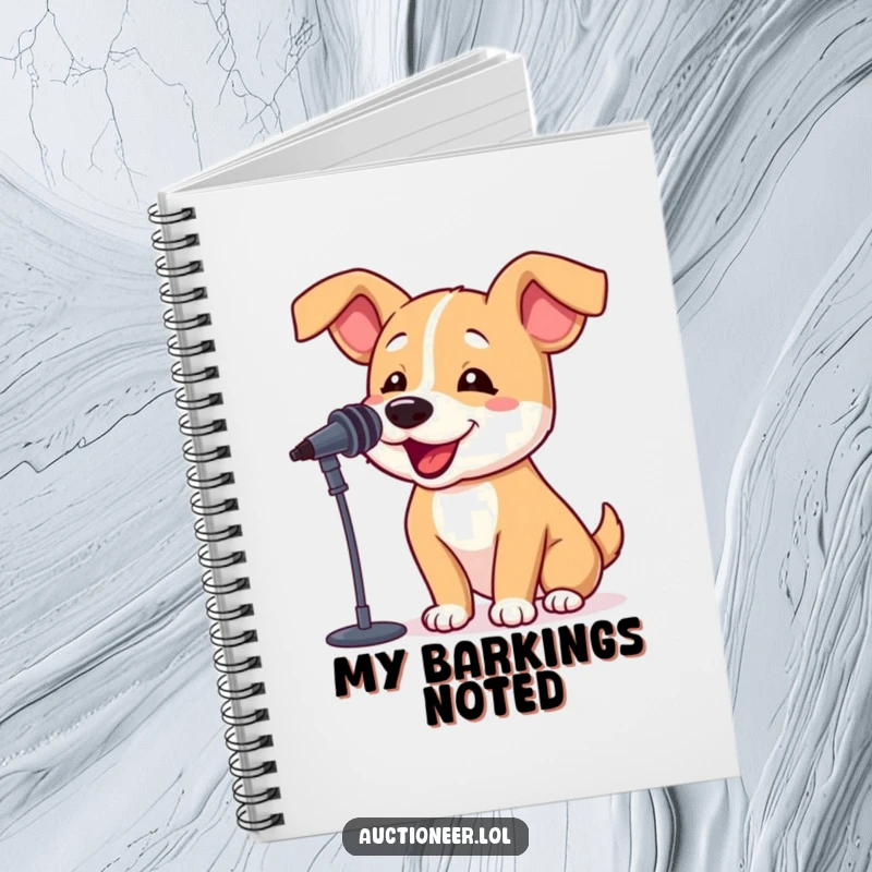 Funny Dog Barking Notebook with a bouncy dog and a microphone, ideal for jotting down ideas with a humorous pet flair.