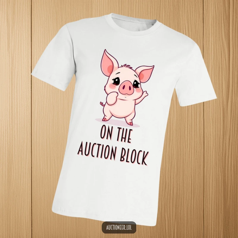 Funny Piglet Auction T-Shirt: A determined piglet excitedly points at an escalating auction bid, showcasing a passion for collecting.