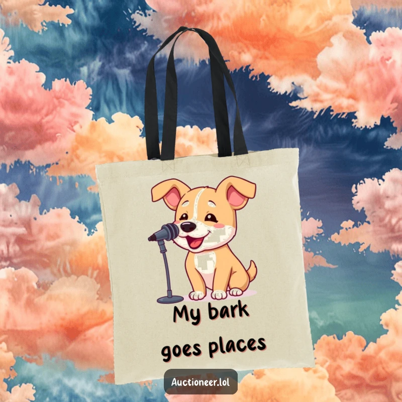 Funny Dog Barking Tote Bag with a bouncy dog and a miniature microphone, ideal for carrying items with a humorous touch.