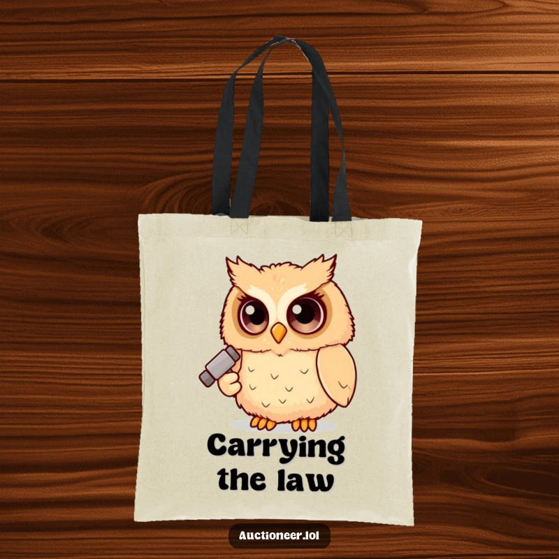 Funny Owl Judge Tote Bag with a fluffy owl holding a gavel, ideal for carrying books or groceries with a humorous touch.