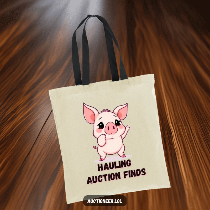 Funny Piglet Auction Tote Bag: A playful piglet points excitedly at a rapidly rising bid number, symbolizing auction day wins.